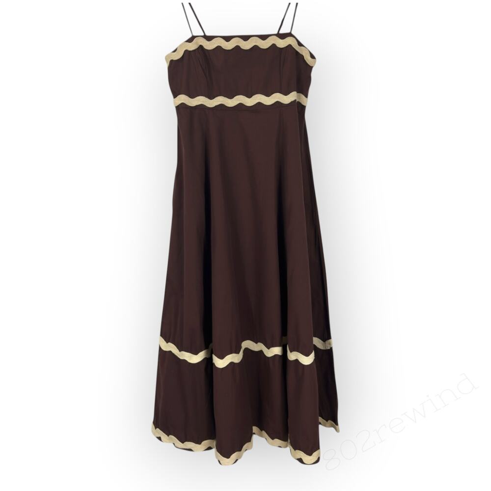 Medium NEW Sim&Sam Ric Rac Poplin Dress Smocked Tank Brown Natural Pockets
